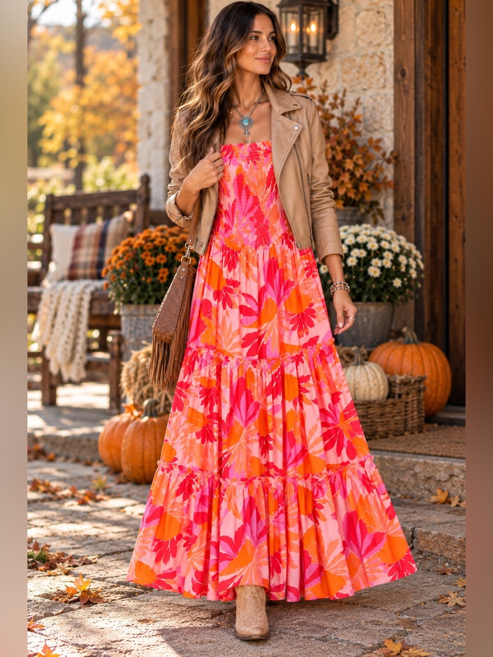 NWT Abel The Label Strapless Floral Tiered Maxi Dress Orange Pink M